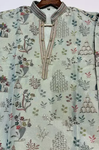 Grey embroidered kurta pajama with sequence work in pure tissue fabric