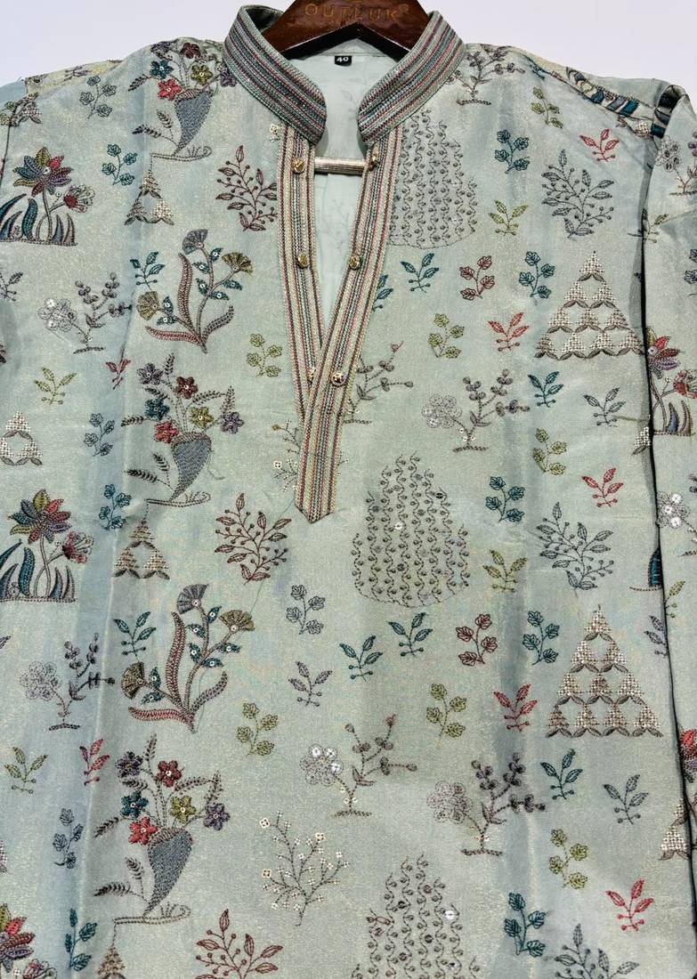 Grey embroidered kurta pajama with sequence work in pure tissue fabric