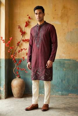 Marron embroidered kurta pajama in pure silk fabric 1