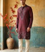Marron embroidered kurta pajama in pure silk fabric