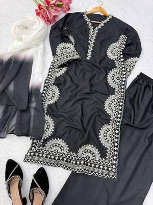 black color thread work silk blend top pent set 4