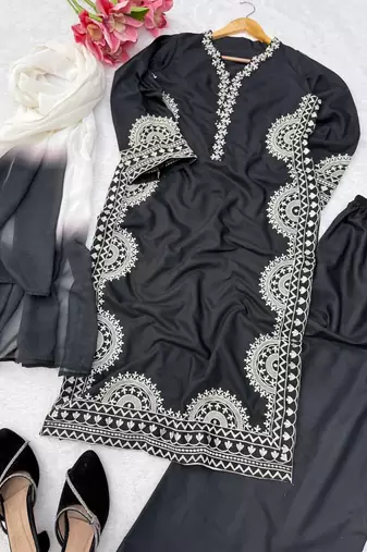 black color thread work silk blend top pent set