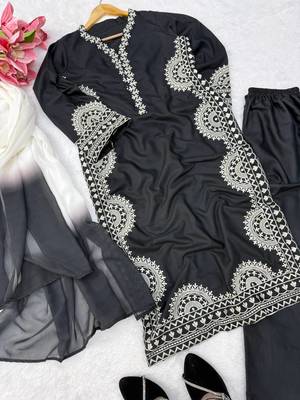 black color thread work silk blend top pent set 5