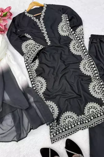black color thread work silk blend top pent set