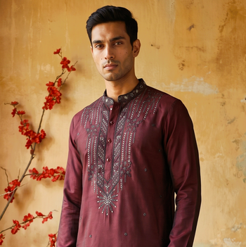 Marron embroidered kurta pajama in pure silk fabric 2