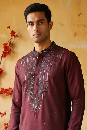 Marron embroidered kurta pajama in pure silk fabric