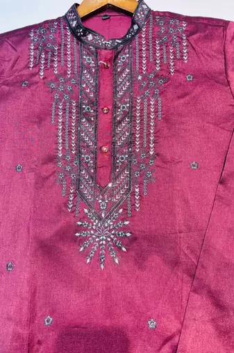 Marron embroidered kurta pajama in pure silk fabric