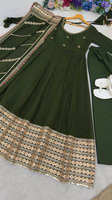 Green embroidered anarkali kurta set with pant and dupatta for women 4
