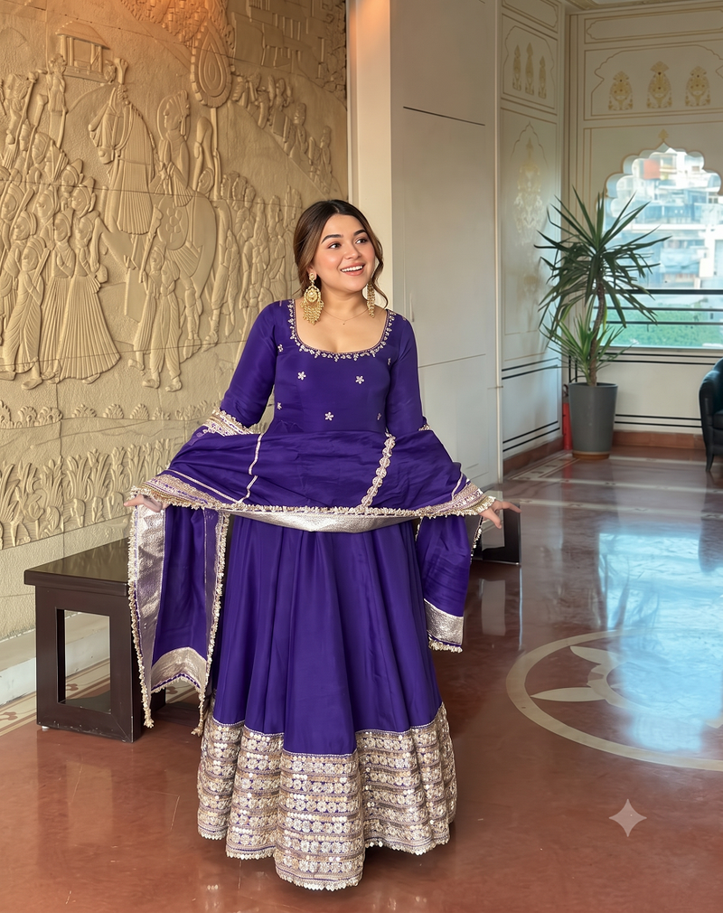 Jambli embroidered anarkali kurta set with pant and dupatta for women