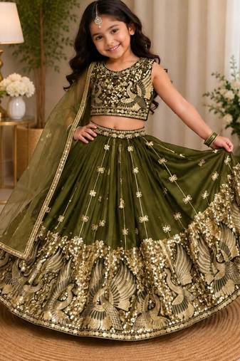 kids mehndi green embroidered lehenga choli with dupatta
