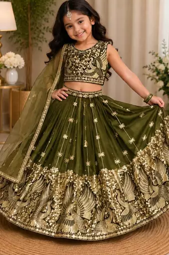 kids mehndi green embroidered lehenga choli with dupatta
