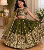 kids mehndi green embroidered lehenga choli with dupatta