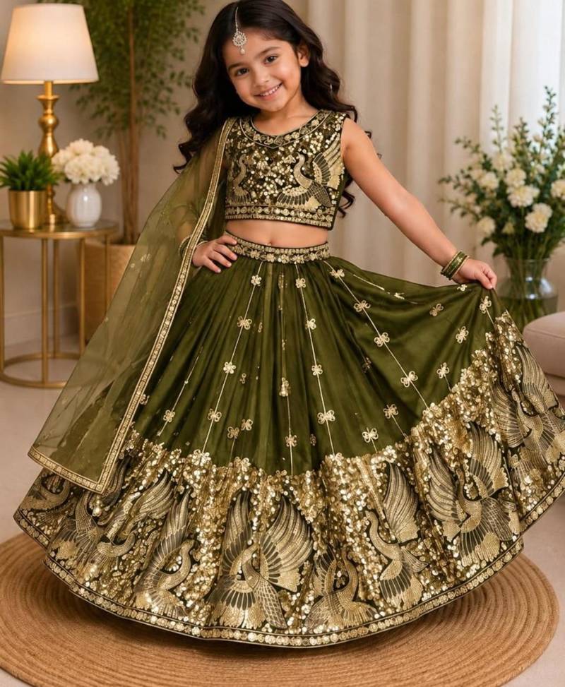 kids mehndi green embroidered lehenga choli with dupatta