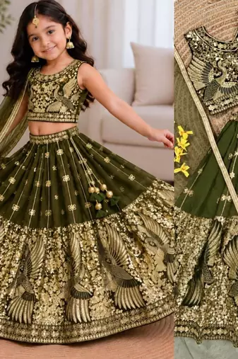 kids mehndi green embroidered lehenga choli with dupatta