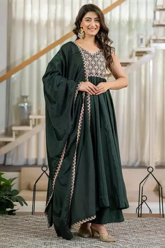 Green natural crepe silk  party  embroidery wear palazzo suit set