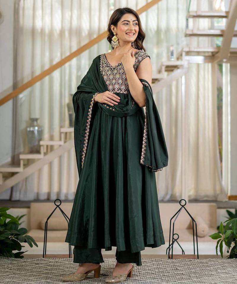 Green natural crepe silk  party  embroidery wear palazzo suit set