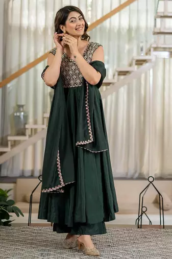 Green natural crepe silk  party  embroidery wear palazzo suit set