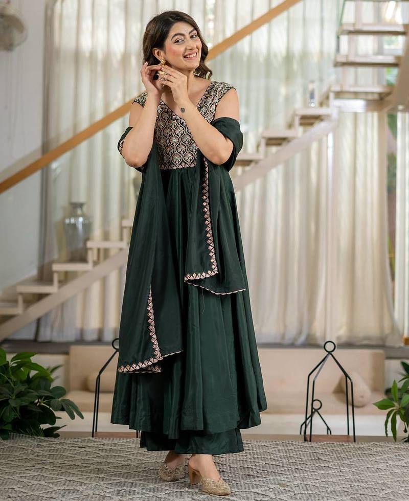 Green natural crepe silk  party  embroidery wear palazzo suit set