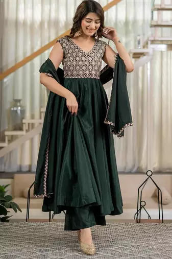 Green natural crepe silk  party  embroidery wear palazzo suit set