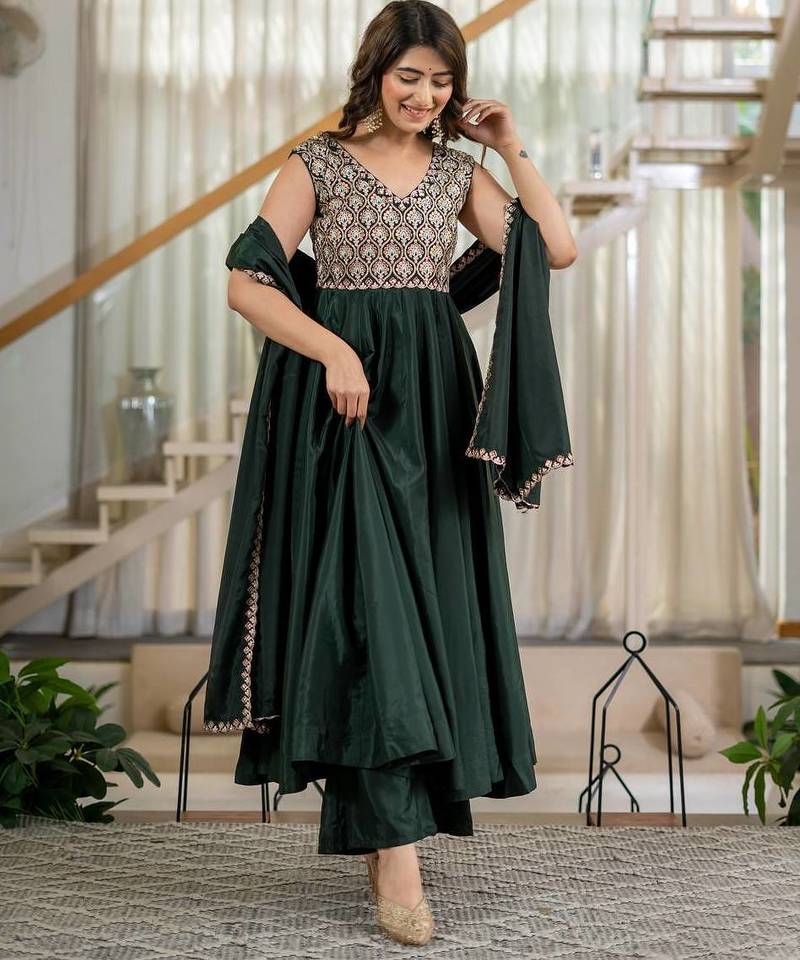 Green natural crepe silk  party  embroidery wear palazzo suit set