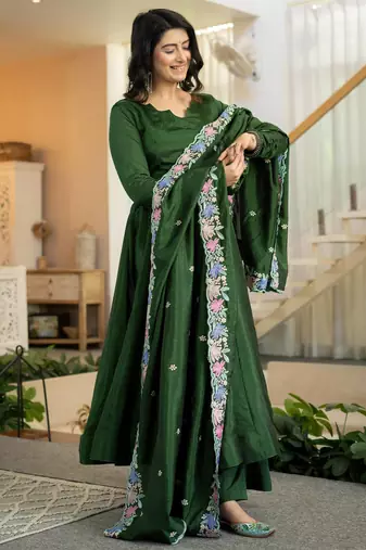 Green vichitra silk  party  embroidery wear palazzo suit set