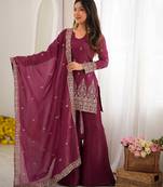 Burgandy crunchy silk  party  embroidery wear palazzo suit set