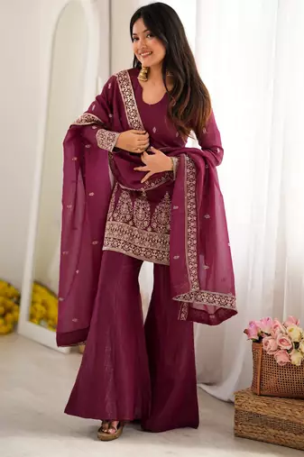Burgandy crunchy silk  party  embroidery wear palazzo suit set