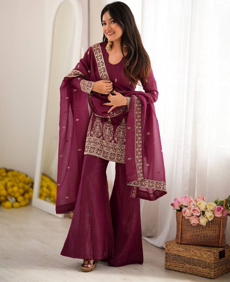 Burgandy crunchy silk  party  embroidery wear palazzo suit set
