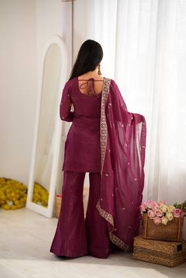 Burgandy crunchy silk  party  embroidery wear palazzo suit set 4