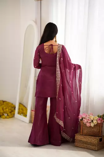 Burgandy crunchy silk  party  embroidery wear palazzo suit set