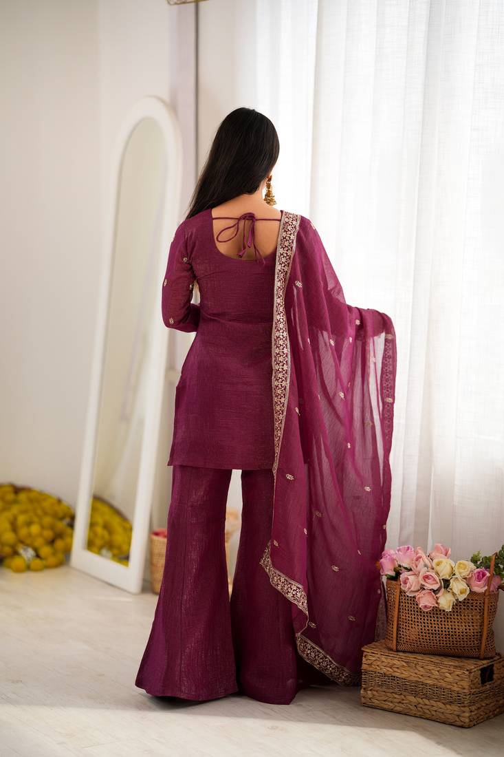 Burgandy crunchy silk  party  embroidery wear palazzo suit set