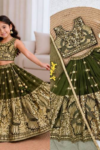 kids mehndi green embroidered lehenga choli with dupatta
