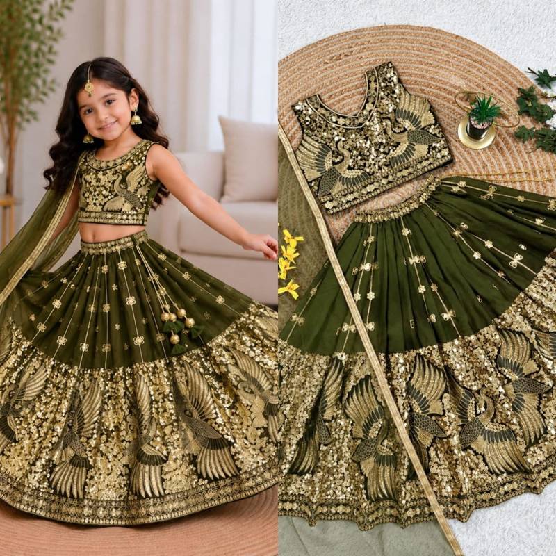kids mehndi green embroidered lehenga choli with dupatta