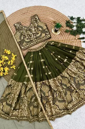kids mehndi green embroidered lehenga choli with dupatta