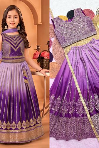 kids purple embroidered lehenga choli with dupatta