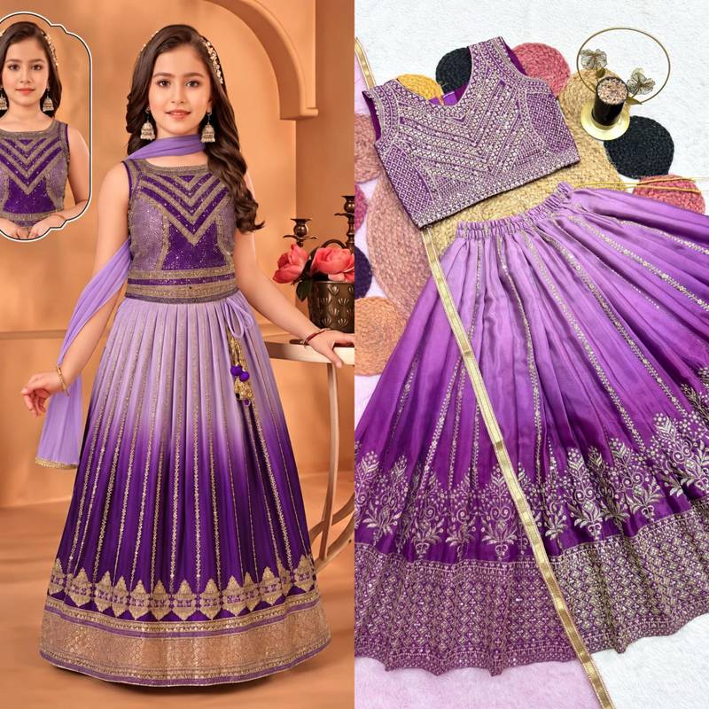 kids purple embroidered lehenga choli with dupatta