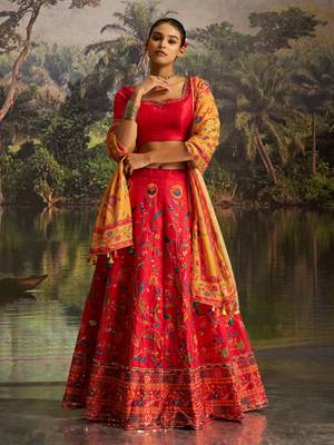 Red Thread Work Silk Wedding Wear Lehenga Choli With Dupatta 1