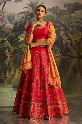 Red Thread Work Silk Wedding Wear Lehenga Choli With Dupatta