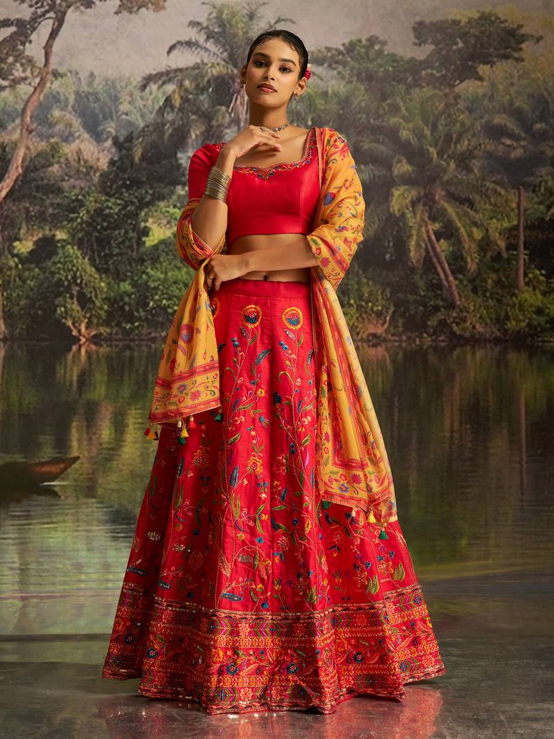 Red Thread Work Silk Wedding Wear Lehenga Choli With Dupatta