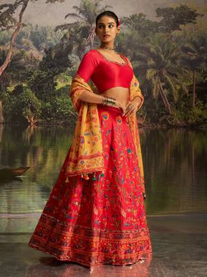 Red Thread Work Silk Wedding Wear Lehenga Choli With Dupatta 2
