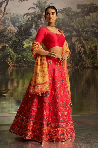 Red Thread Work Silk Wedding Wear Lehenga Choli With Dupatta
