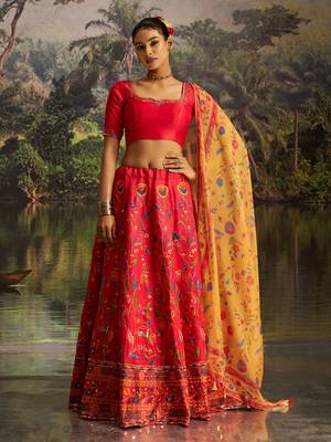 Red Thread Work Silk Wedding Wear Lehenga Choli With Dupatta 3