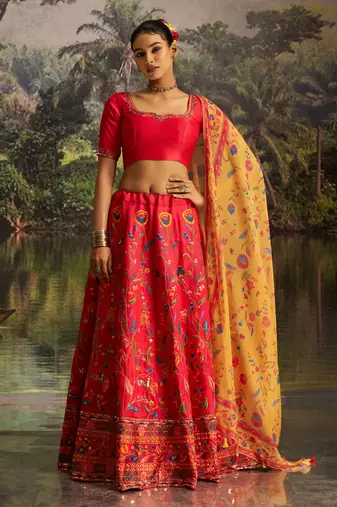 Red Thread Work Silk Wedding Wear Lehenga Choli With Dupatta