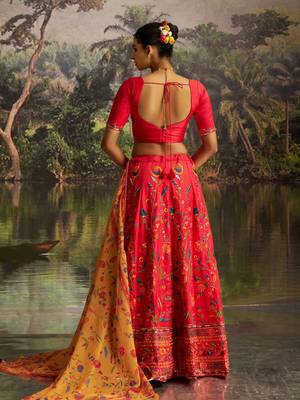 Red Thread Work Silk Wedding Wear Lehenga Choli With Dupatta 4