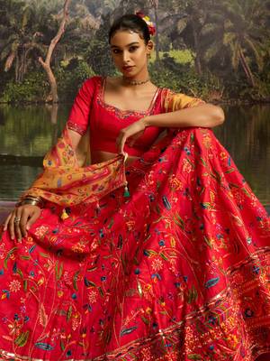 Red Thread Work Silk Wedding Wear Lehenga Choli With Dupatta 5