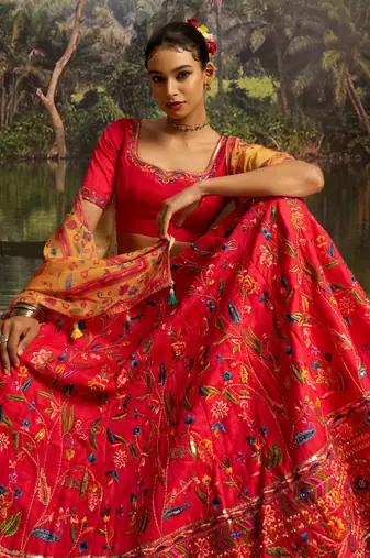 Red Thread Work Silk Wedding Wear Lehenga Choli With Dupatta
