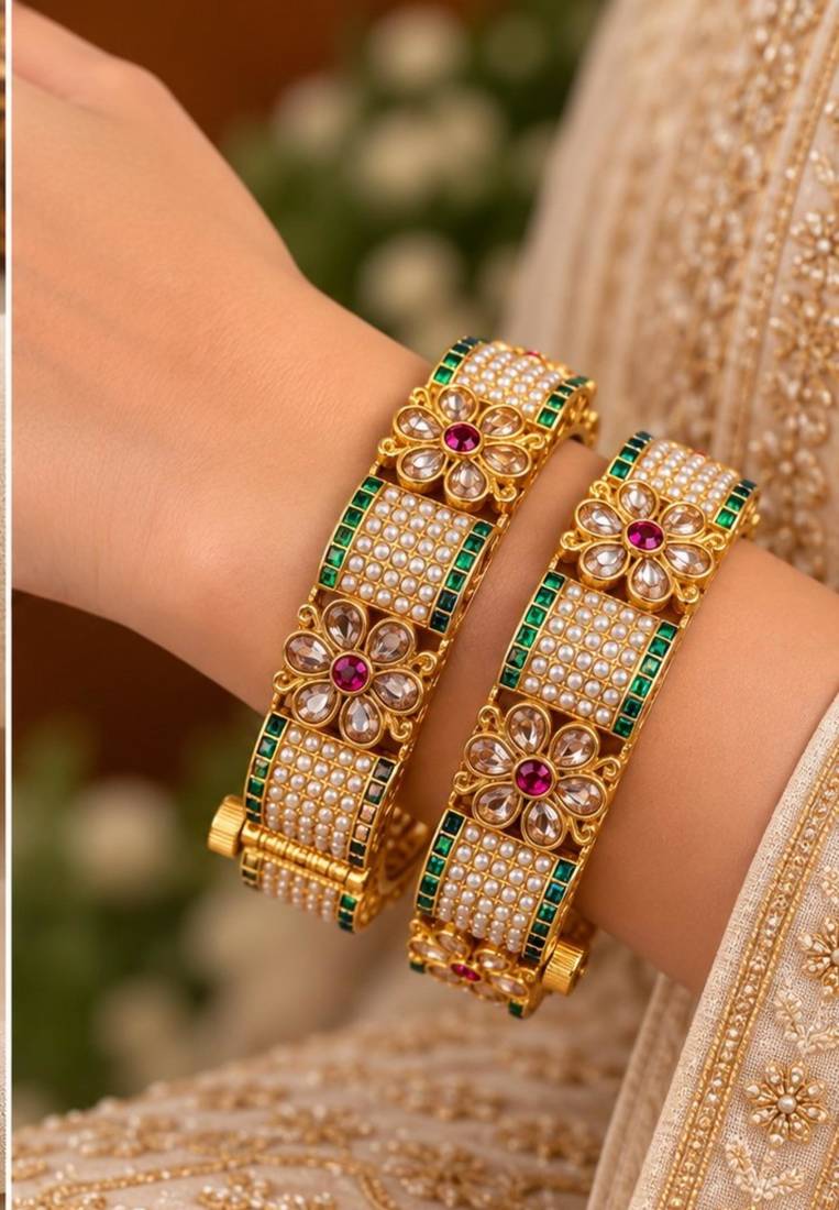 Multicolor copper bangles with bar stone & kundan     2 pcs