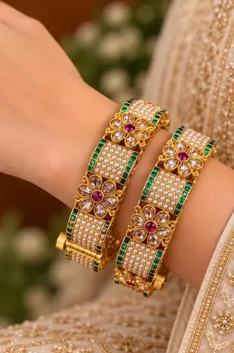 Multicolor copper bangles with bar stone & kundan     2 pcs