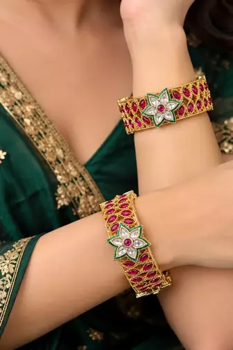 Multicolor copper bangles with bar stone & kundan     2 pcs
