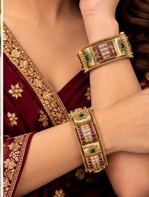 Multicolor copper bangles with bar stone & kundan     2 pcs 1